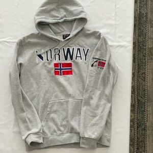 Gray “NORWAY” Hoodie Sweatshirt medium … with a spot on sleeve